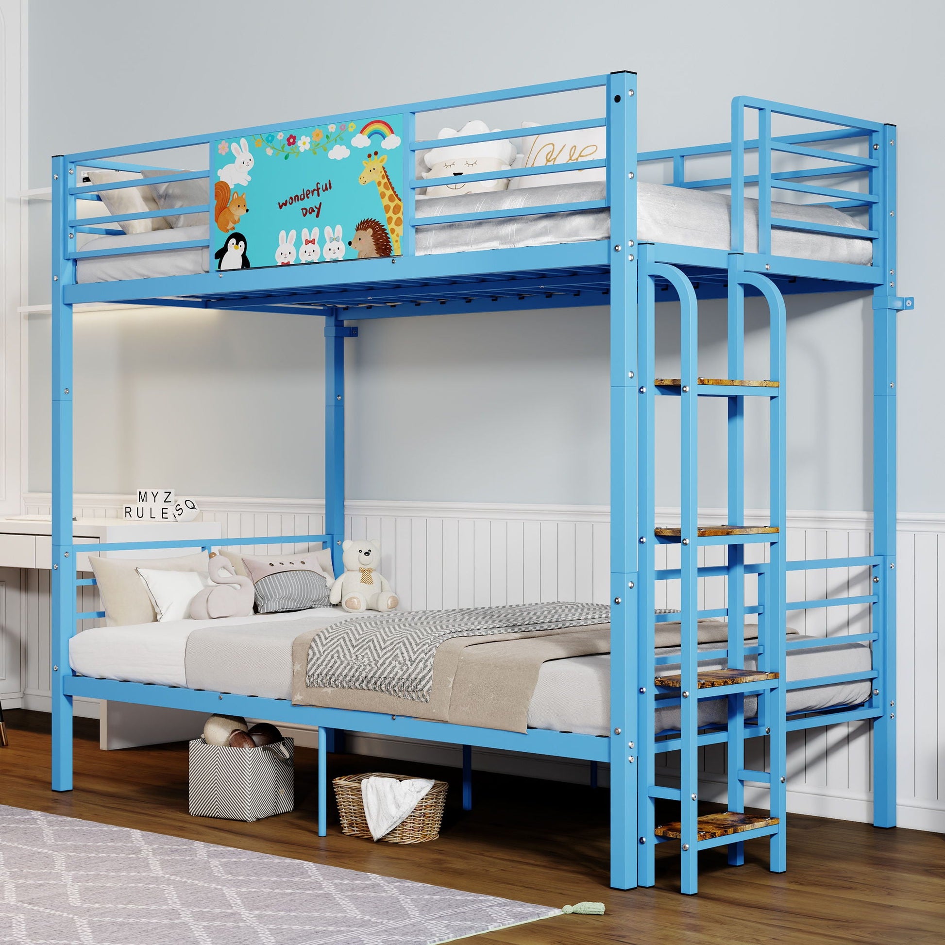 Bunk bed blue by HouseOfZazla, convertible to two twin beds with full-length guard rails and ladder on Tampa Home & Garden Store