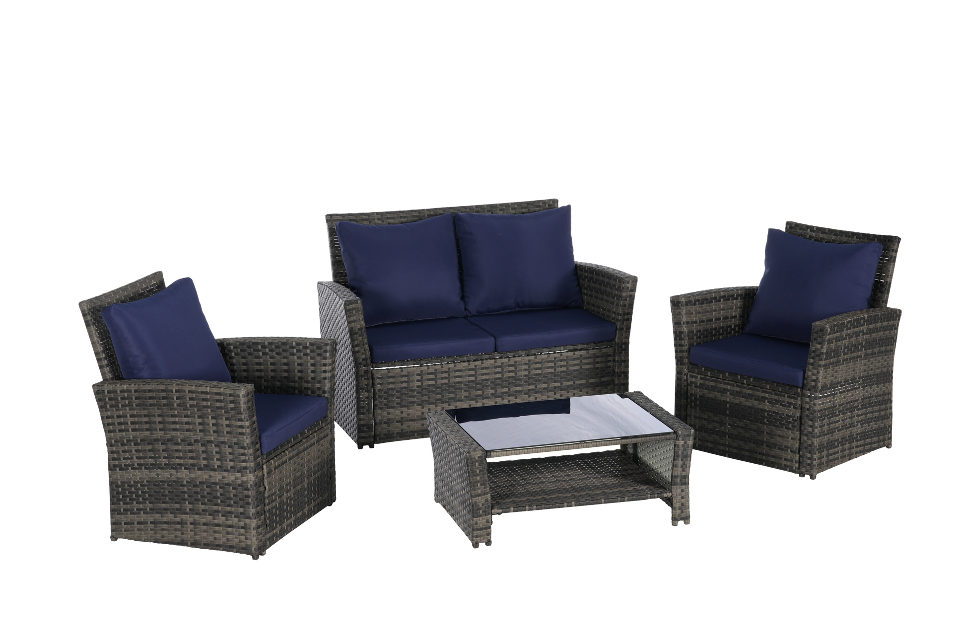 4-Piece outdoor rattan furniture set with navy cushions tempered glass table HouseOfZazla on Tampa Home & Garden Store
