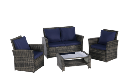 4-Piece outdoor rattan furniture set with navy cushions tempered glass table HouseOfZazla on Tampa Home & Garden Store