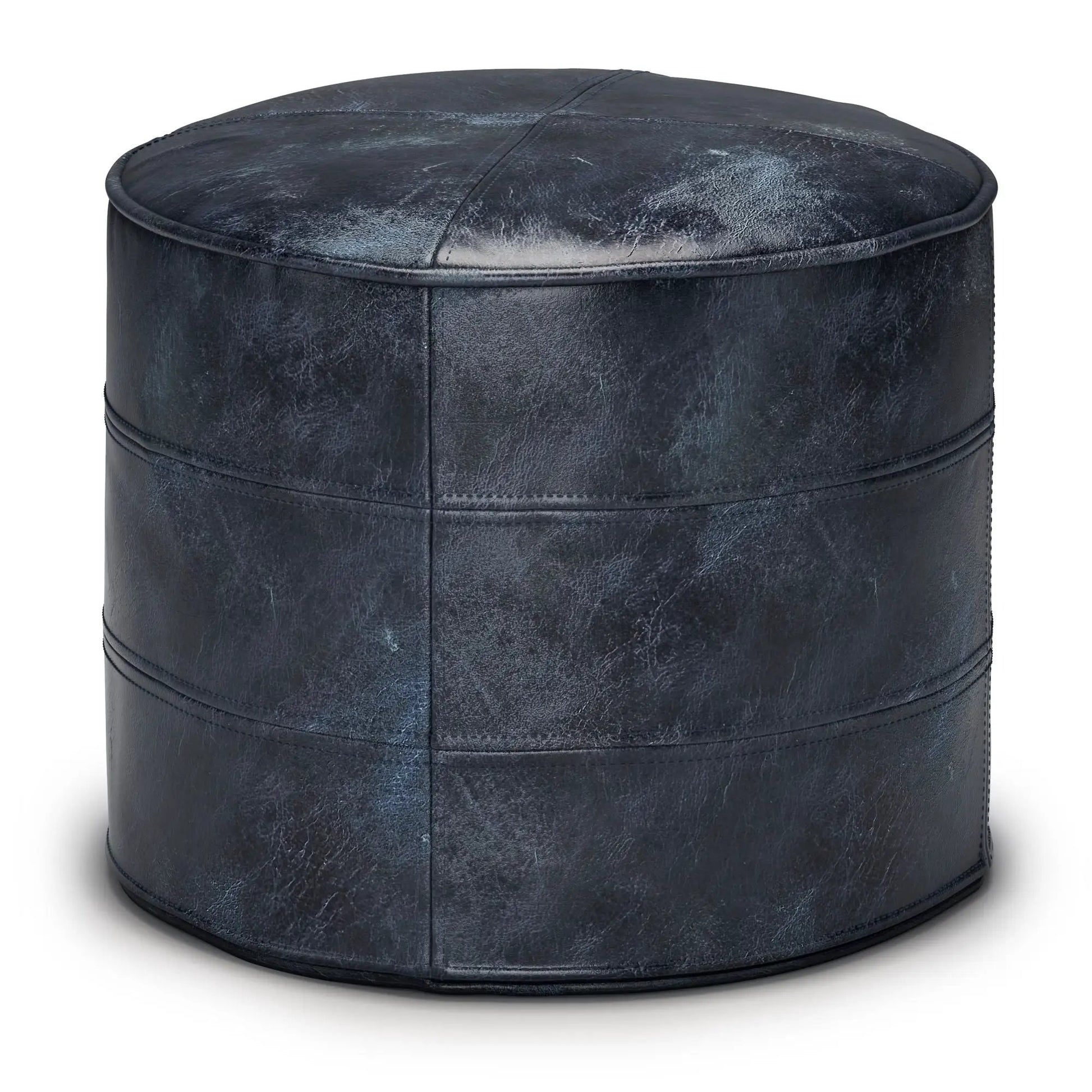 Connor Handcrafted Round Pouf navy leather-look accent pouf Unique Piece Furniture on Tampa Home & Garden Store