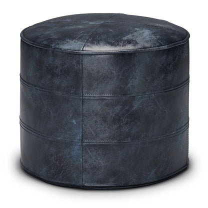 Handcrafted round leather pouf with distressed navy finish by HouseOfZazla, accent table style ottoman on Tampa Home & Garden Store