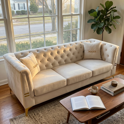 Contemporary Velvet Sofa and Throw Pillows