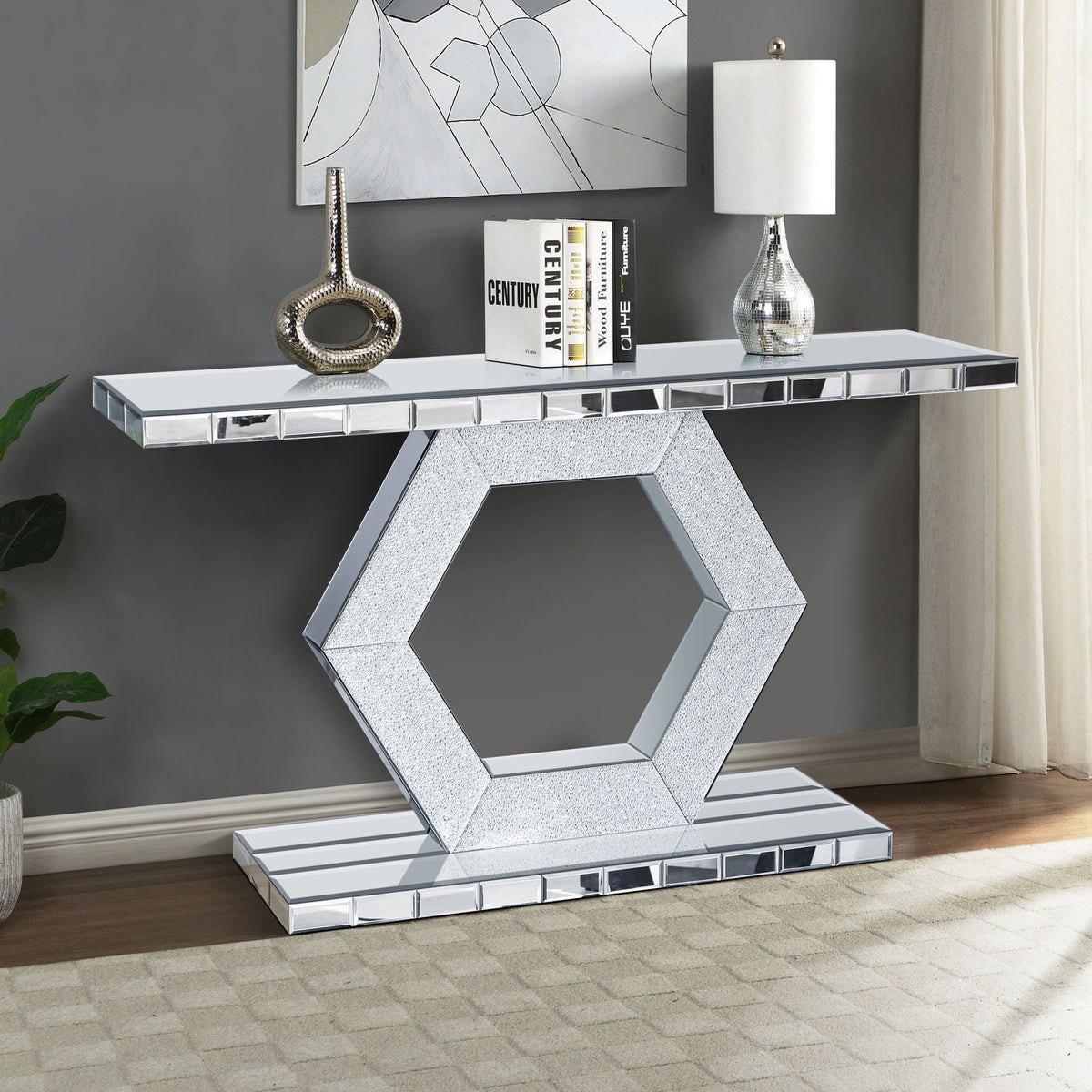 Crystal hexagon console table in silver finish with diamond glass accents and mirrored surface on Tampa Home & Garden Store