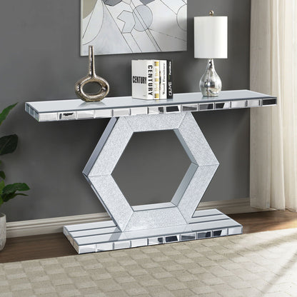 Crystal hexagon console table in silver finish with diamond glass accents and mirrored surface on Tampa Home & Garden Store