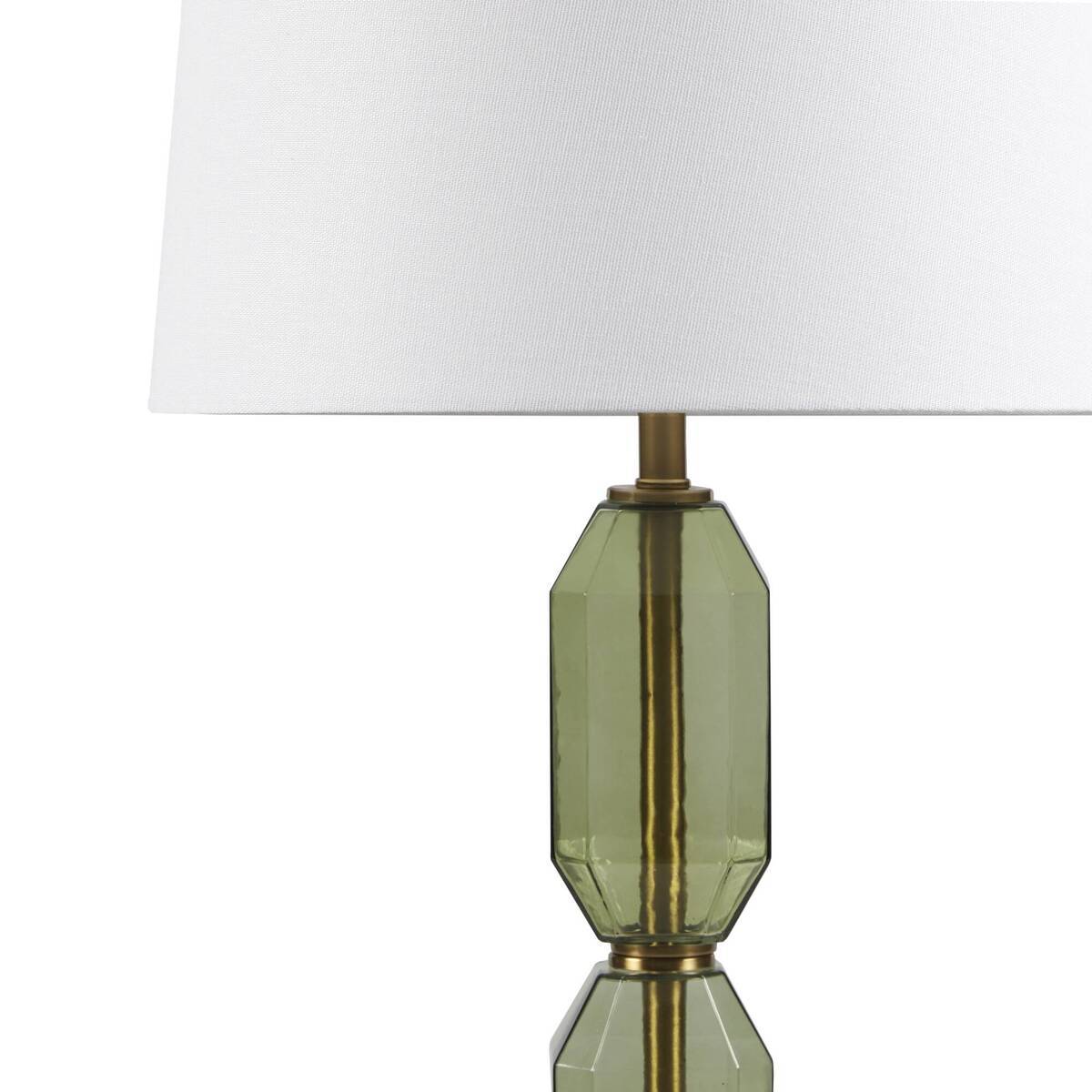 Faceted green glass table lamp by HouseOfZazla with brass accents and white fabric shade on Tampa Home & Garden Store
