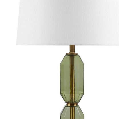 Faceted green glass table lamp by HouseOfZazla with brass accents and white fabric shade on Tampa Home & Garden Store