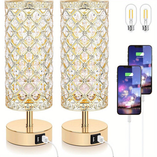 Set of 2 Crystal Table Lamps – Touch Control USB Bedside Lights, 3-Way Dimmable - Tampa Home & Garden Store