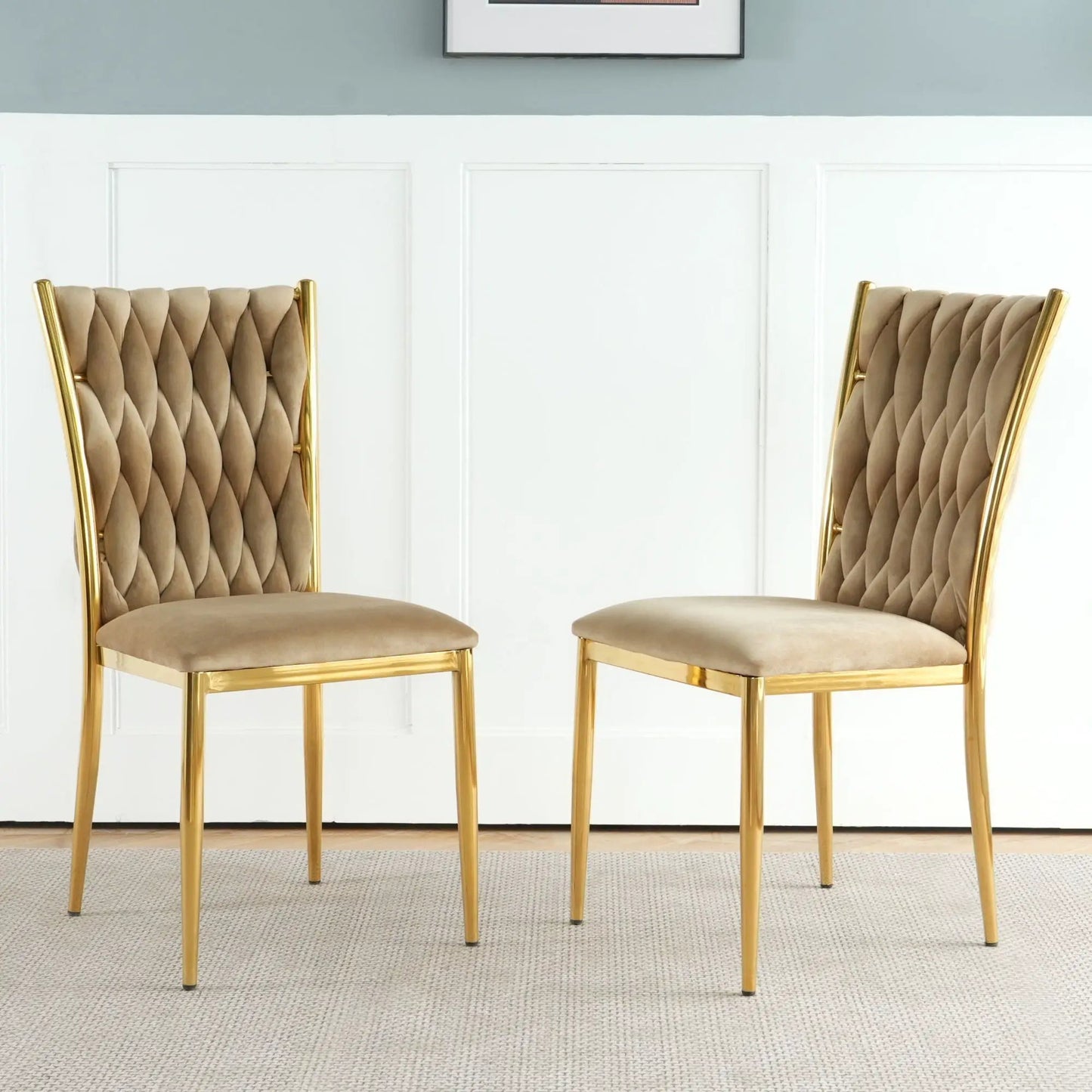 Modern dining chairs set of 2 with tan tufted upholstery and gold metal frames on Tampa Home & Garden Store