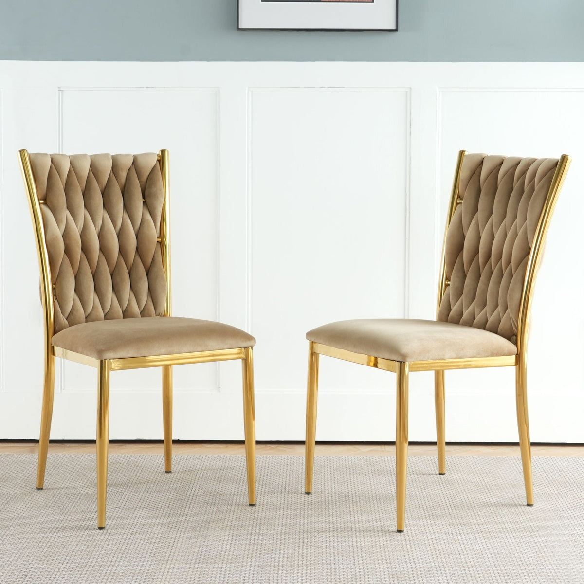 Modern dining chair set with plated gold metal legs, diamond-quilted beige backs, 2 chairs on Tampa Home & Garden Store