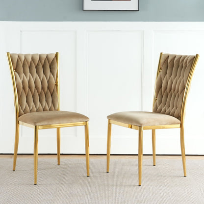 Modern dining chair set with plated gold metal legs, diamond-quilted beige backs, 2 chairs on Tampa Home & Garden Store