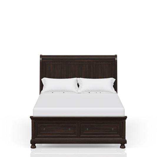 Elegant Design Storage Bed in dark wood with paneled headboard and two footboard drawers on Tampa Home & Garden Store