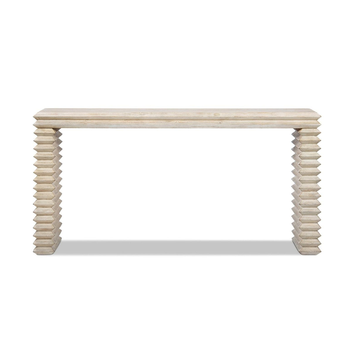 Geometric waterfall console table in solid light wood with stacked block legs on Tampa Home & Garden Store