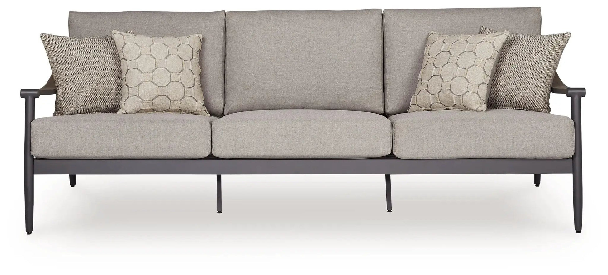 Ocean Beach outdoor sofa with gray cushions and four beige pillows on dark metal frame on Tampa Home & Garden Store