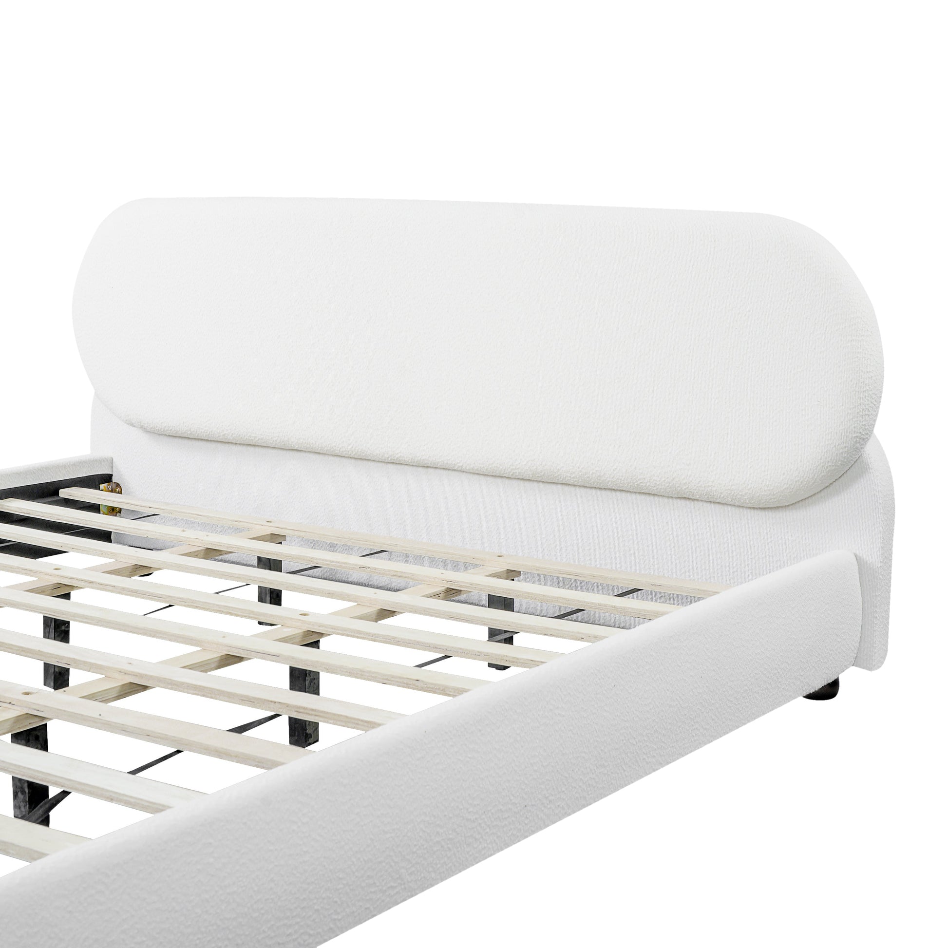Cream-colored boucle upholstered bed with rubberwood foot, king, exposed wooden slats base on Tampa Home & Garden Store