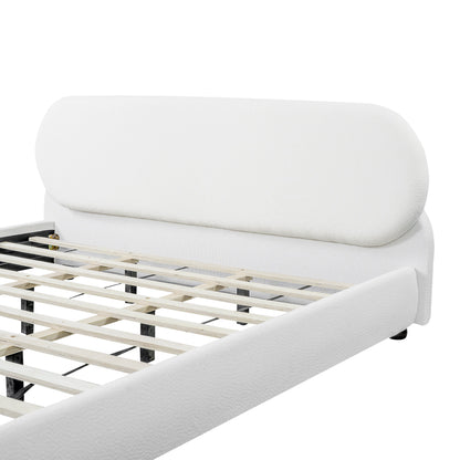 Cream-colored boucle upholstered bed with rubberwood foot, king, exposed wooden slats base on Tampa Home & Garden Store