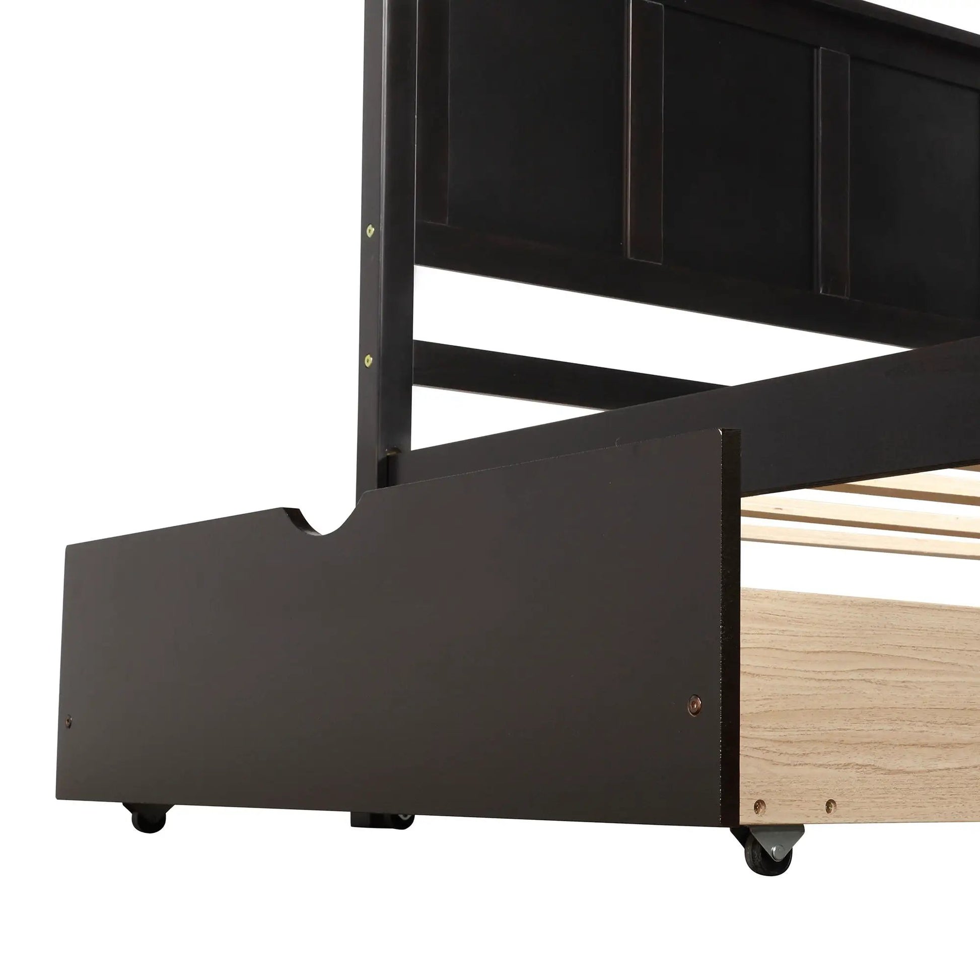 Platform storage bed with 2 wheel base drawers in black finish with casters on Tampa Home & Garden Store