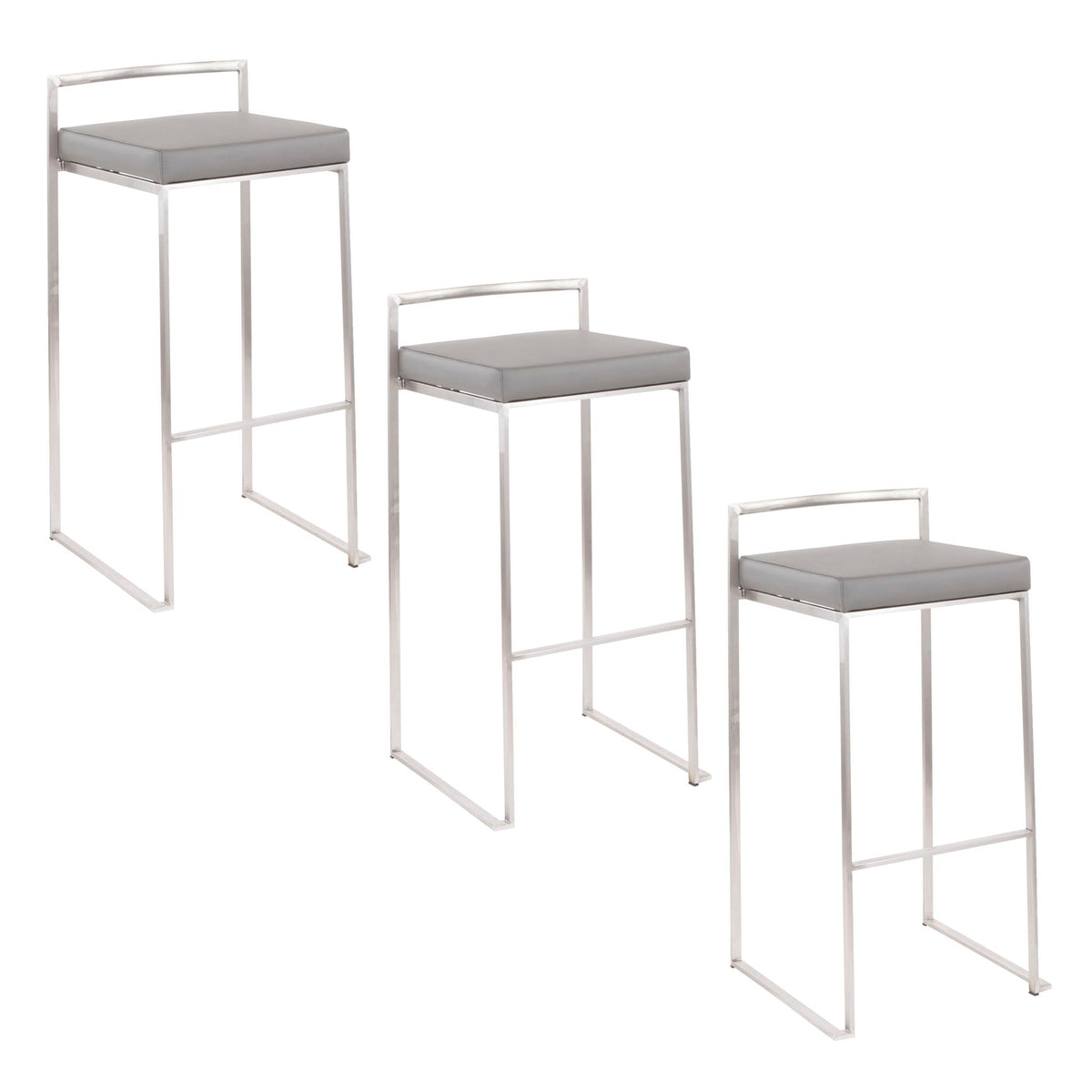 Contemporary stackable barstool set with padded gray seats and chrome frames, 4 stools on Tampa Home & Garden Store