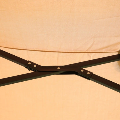 Double-Sided outdoor market umbrella frame with tan canopy and dark brown metal ribs on Tampa Home & Garden Store