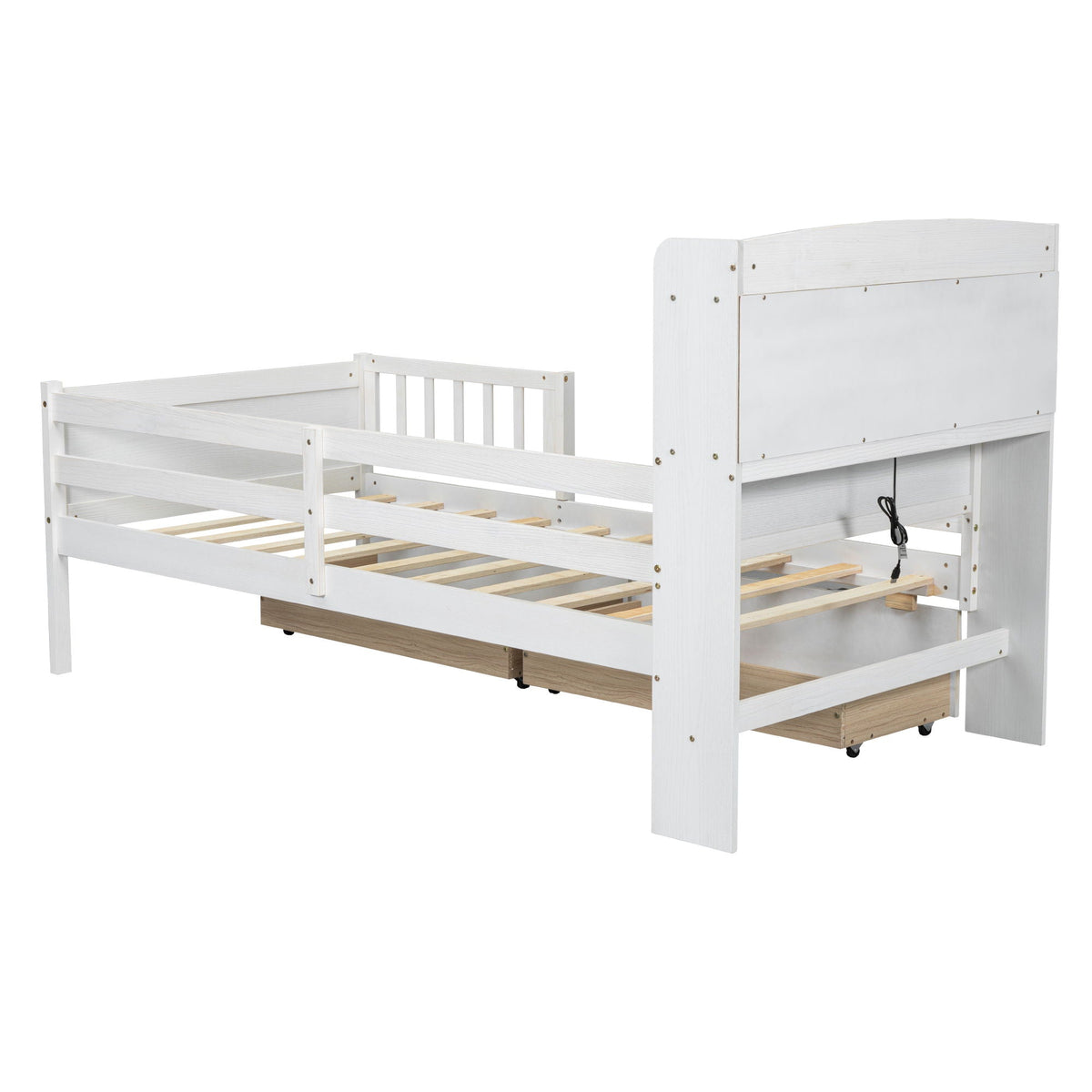 Platform bed by HouseOfZazla, white wood finish with LED headboard, guardrail and 2 drawers on Tampa Home & Garden Store