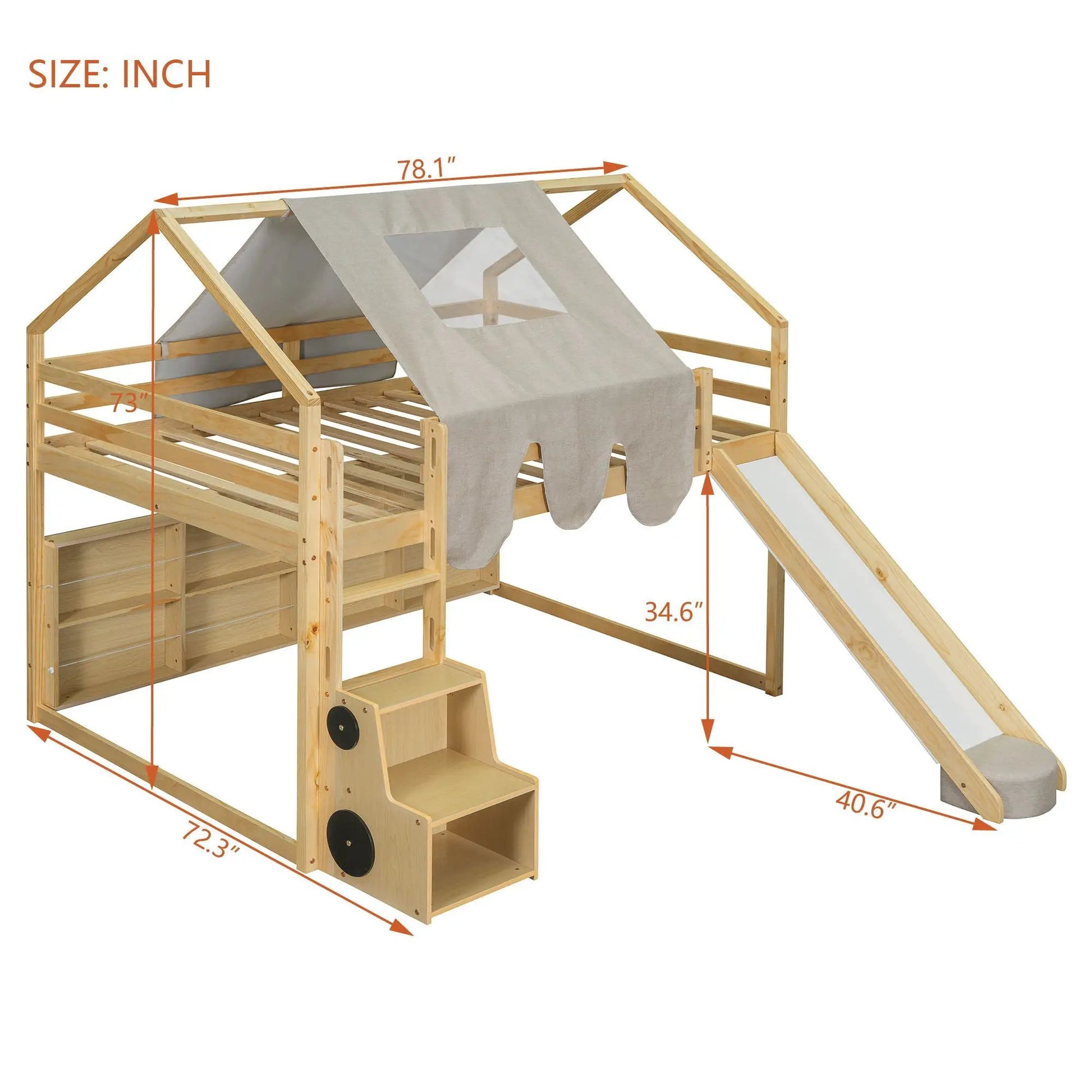 Loft bed with house-shaped pine frame and beige fabric tent by Unique Piece Furniture on Tampa Home & Garden Store