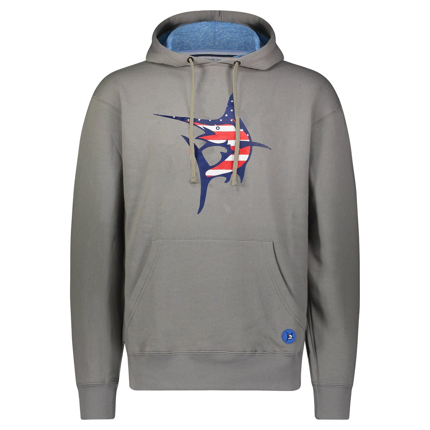 USA Georges Bank Hoodie by White Water Life, gray fleece with blue logo patch on Tampa Home & Garden Store