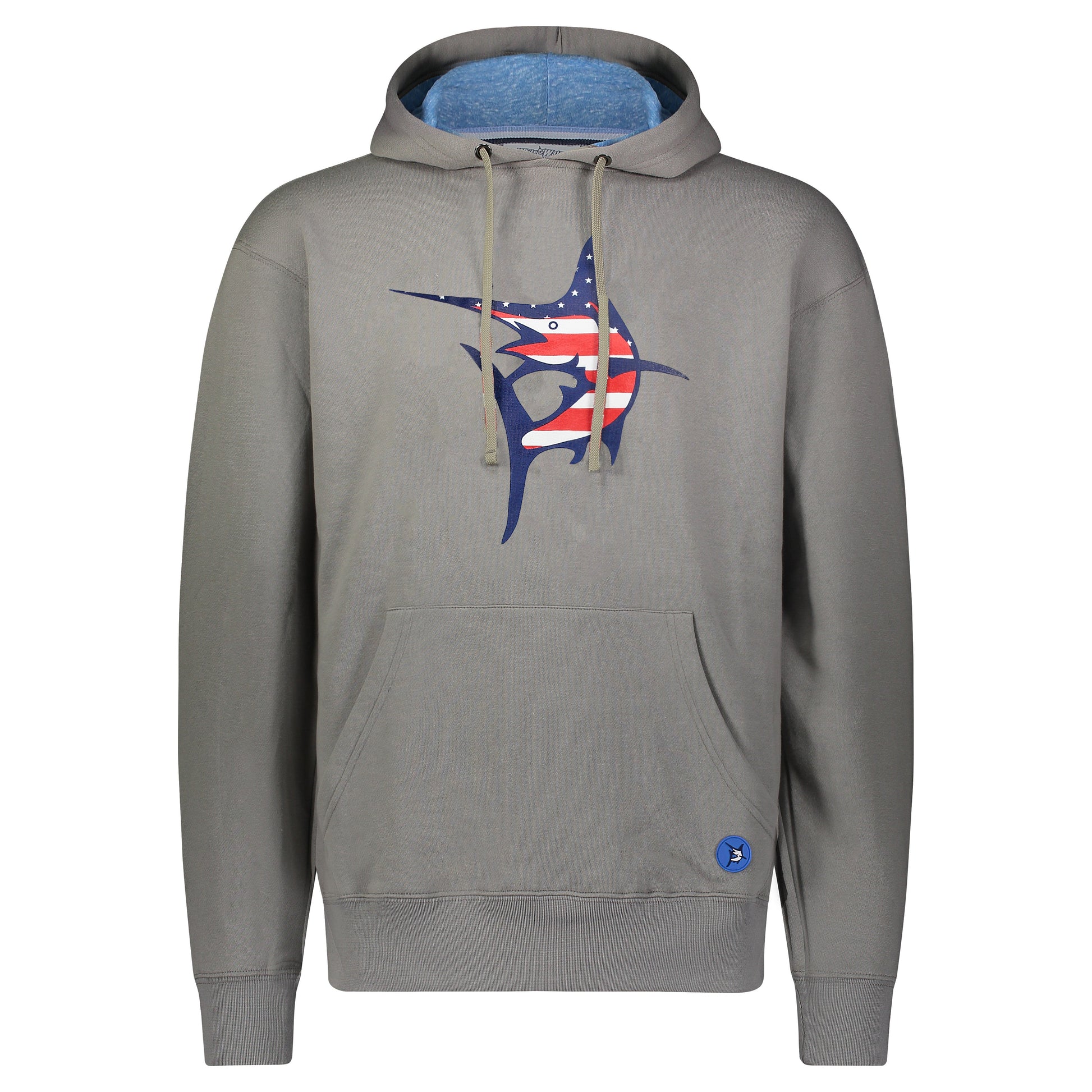 USA Georges Bank Hoodie by White Water Life, gray fleece with blue logo patch on Tampa Home & Garden Store