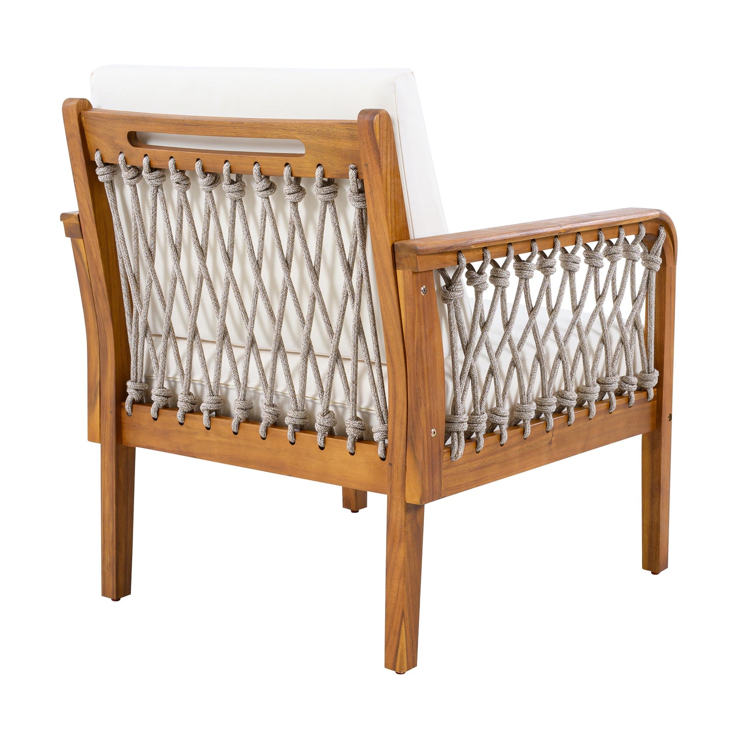Outdoor Acacia Wood Club Chair with Handwoven Rope, Teak Finish by HouseOfZazla, white cushion on Tampa Home & Garden Store