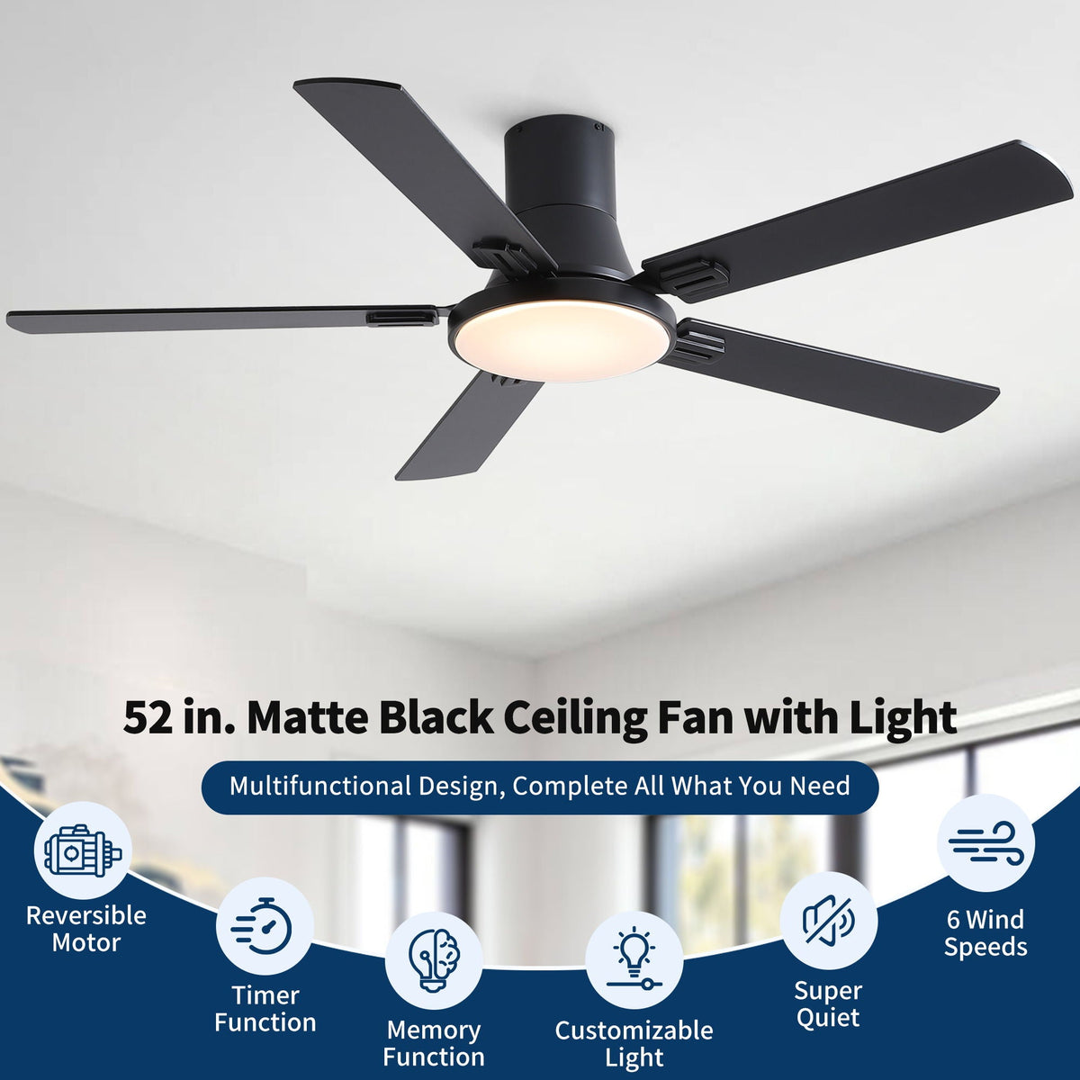 Flush mount 5-blade matte black ceiling fan with LED light and remote on Tampa Home & Garden Store