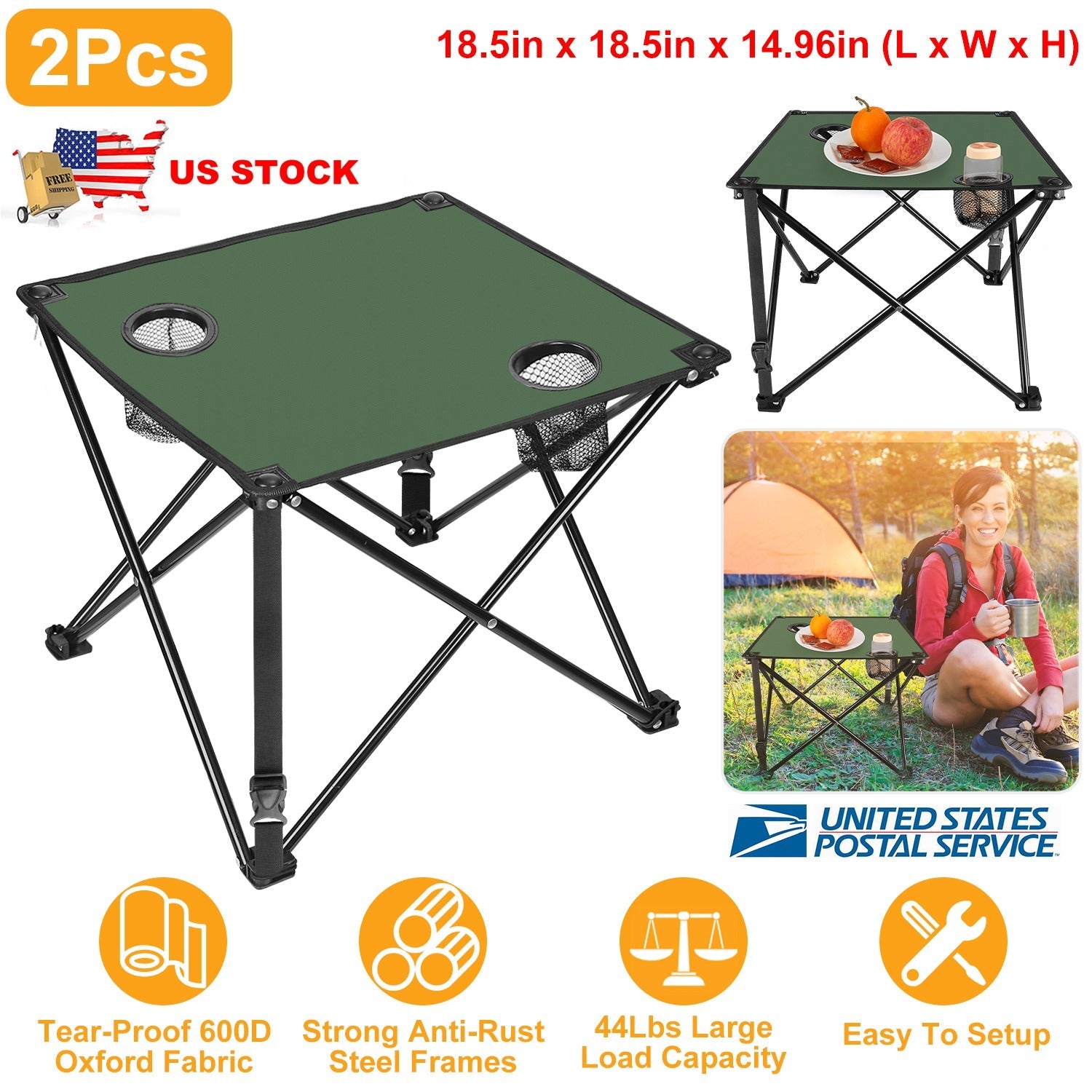 2Pcs Foldable Camping Table GemGear with 2 cup holders, green top, steel frame, carrying bag on Tampa Home & Garden Store