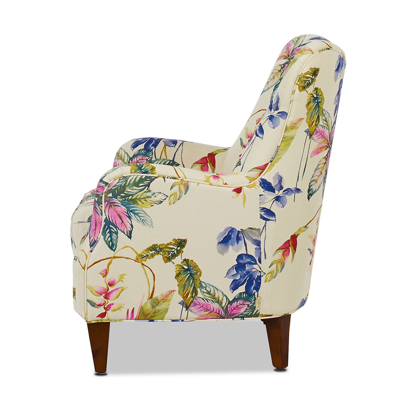 Paradise Upholstered Arm Chair in off-white cotton with tropical floral print, wooden legs on Tampa Home & Garden Store