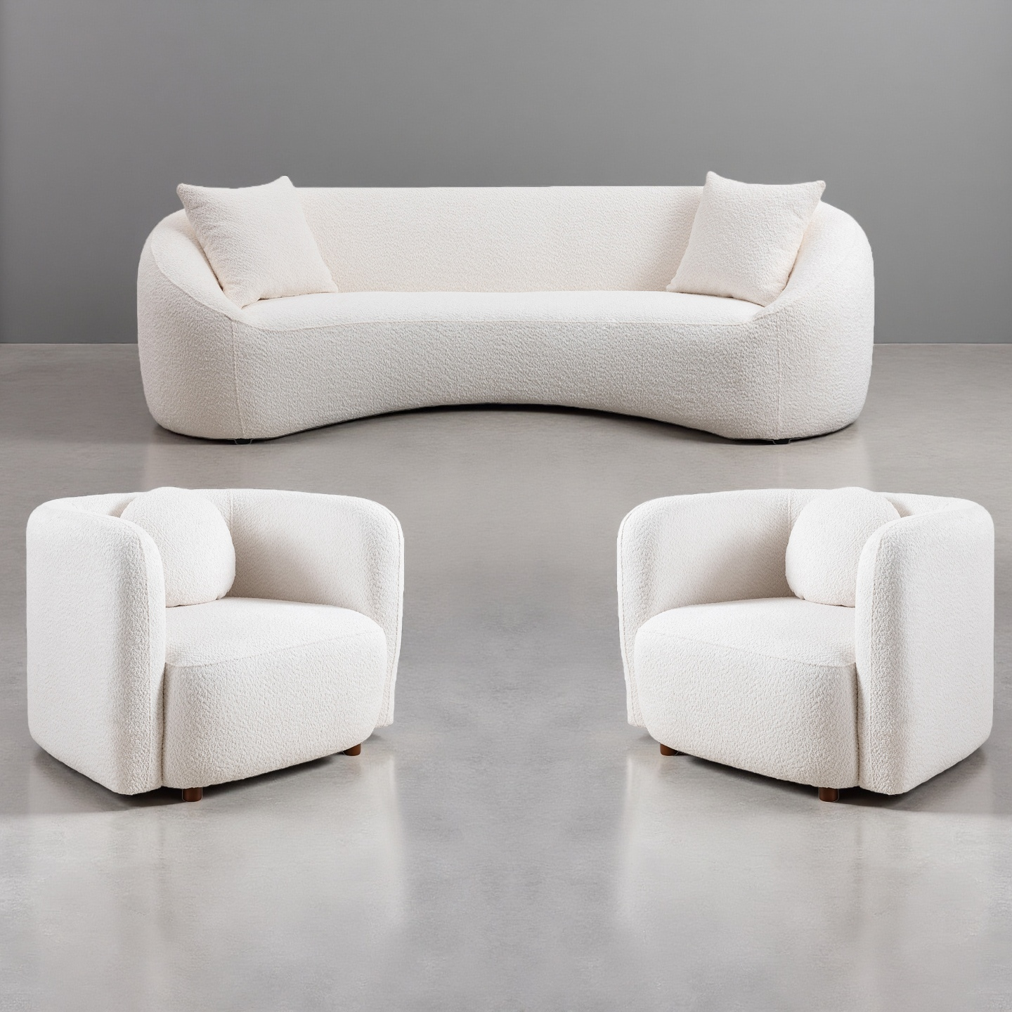 Minimalist Curved Sofa, 3 Seater in off-white boucle with 2 matching armchairs HouseOfZazla on Tampa Home & Garden Store