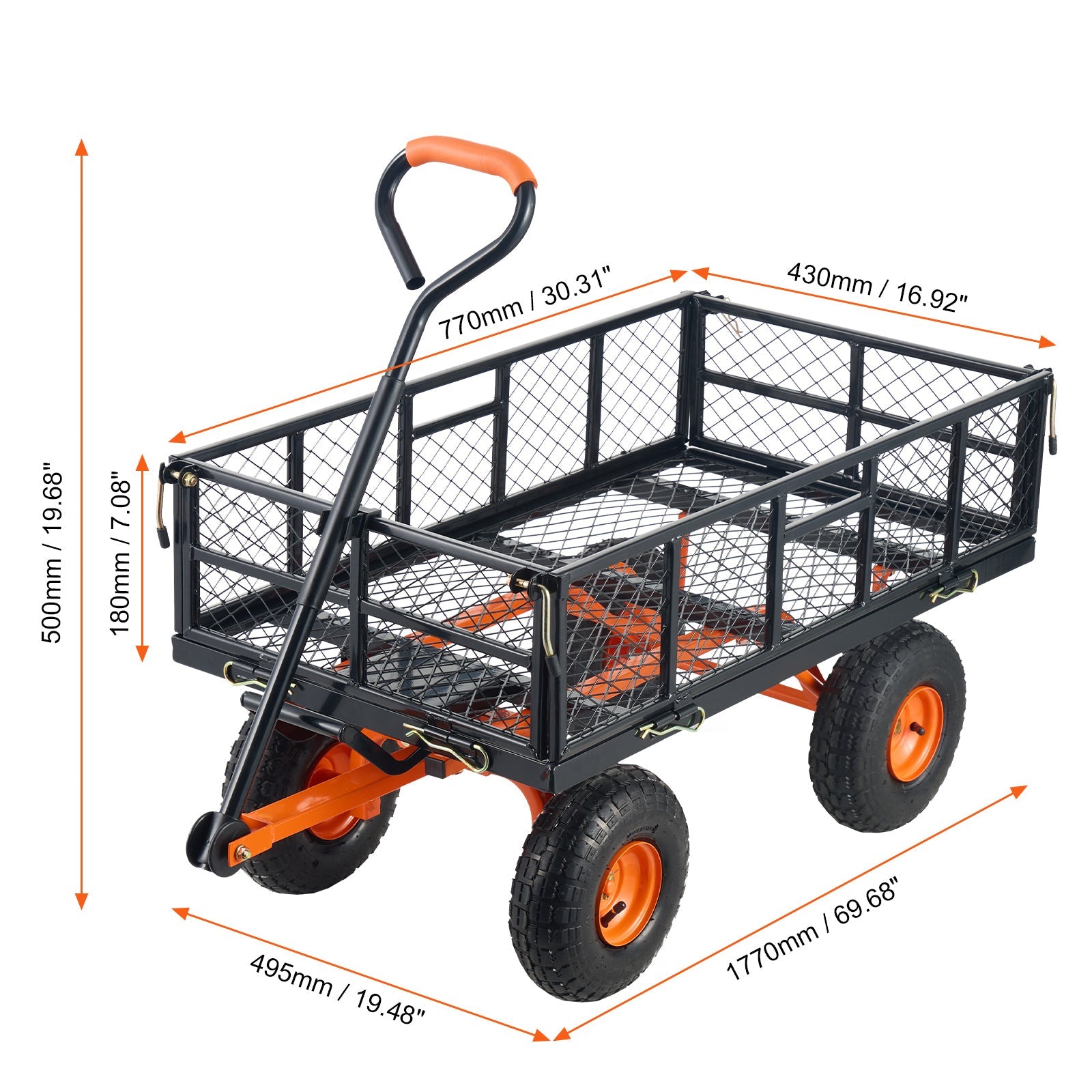 Metal garden dump cart by HouseOfZazla with orange handle, black frame and mesh basket on Tampa Home & Garden Store