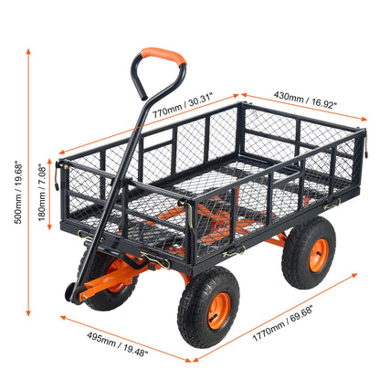 Metal garden dump cart by HouseOfZazla with orange handle, black frame and mesh basket on Tampa Home & Garden Store