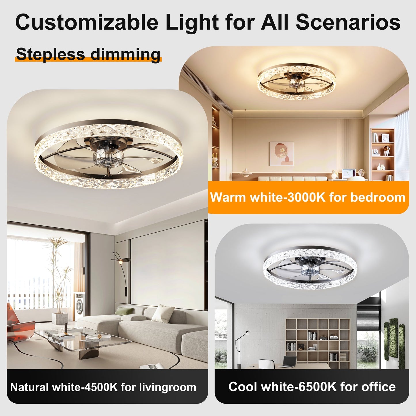 HouseOfZazla 23.6in fan with crystal ring light remote and app control in warm white living room on Tampa Home & Garden Store