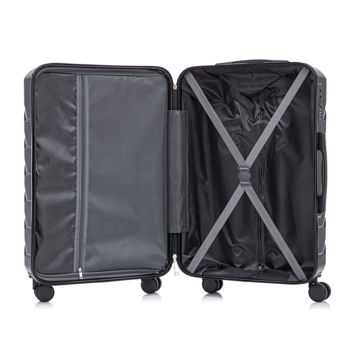 3-piece spinner luggage set HouseOfZazla in black with gray interior, 20/24/28in, mesh divider and cross straps, combo lock on Tampa Home & Garden Store