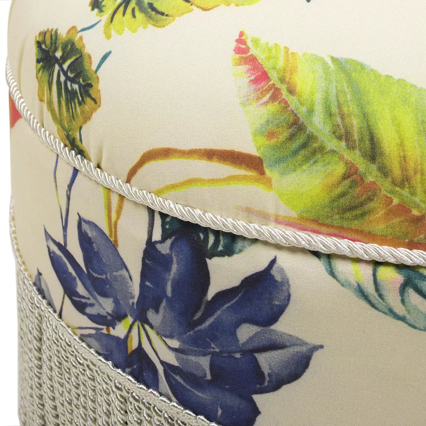 Yolanda round upholstered accent ottoman in bright floral fabric with silver rope trim on Tampa Home & Garden Store