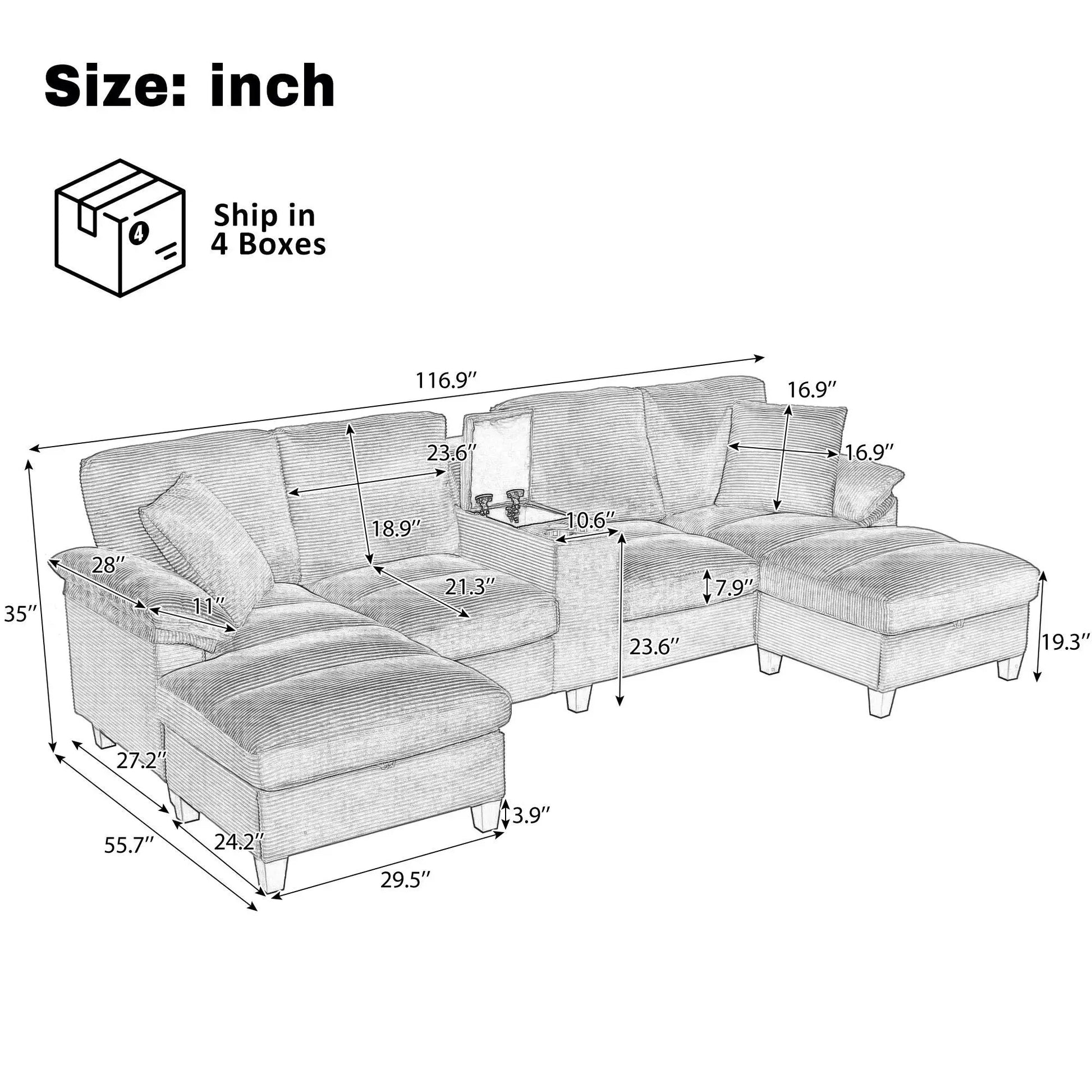 Modern U-shaped Sectional Sofa With Storage Ottomans, 3-Piece Set in gray fabric on Tampa Home & Garden Store
