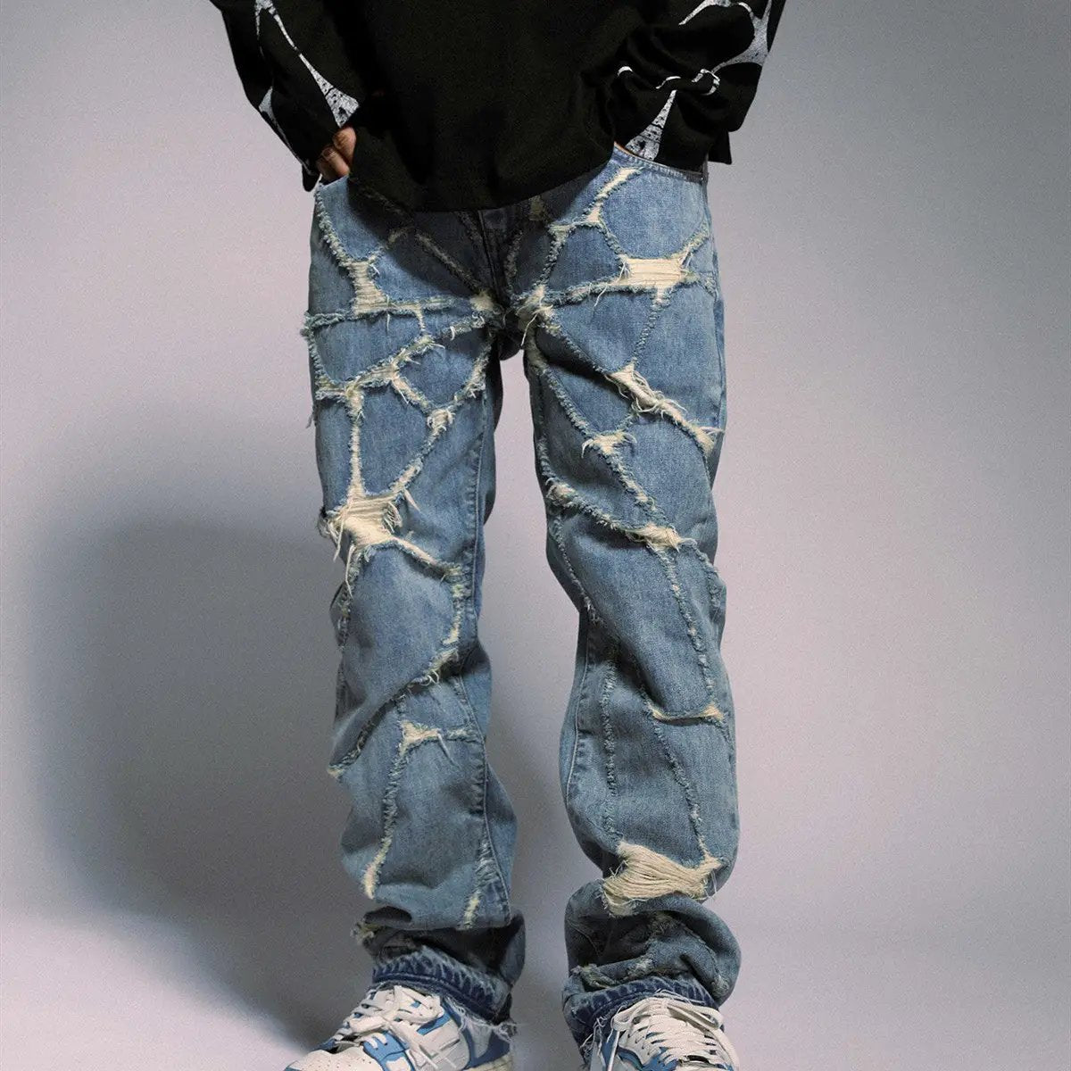 High Street Wash Destroyed Spider Web Jeans, FLIPSTYLEZLLC, light blue distressed denim on Tampa Home & Garden Store