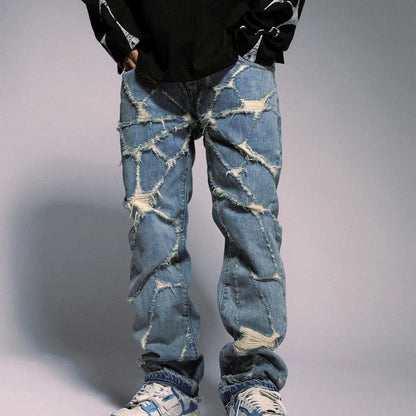 High Street Wash Destroyed Spider Web Jeans, FLIPSTYLEZLLC, light blue distressed denim on Tampa Home & Garden Store