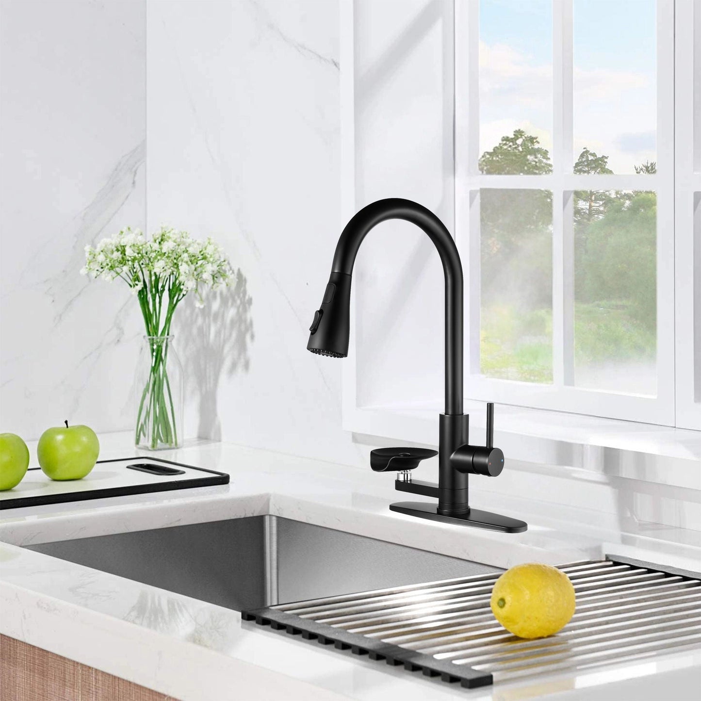 3-In-1 Kitchen Faucet with LED Temperature Display, matte black pull-down design, HouseOfZazla on Tampa Home & Garden Store