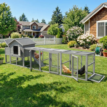 141-inch gray wooden chicken coop with nesting box in a multi-pen run HouseOfZazla on Tampa Home & Garden Store