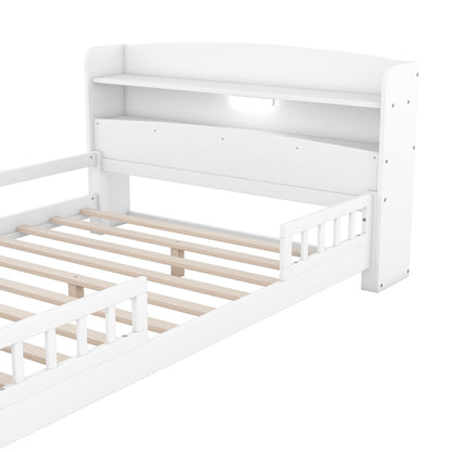 White wooden storage bed with built-in LED light, headboard storage and guardrail by HouseOfZazla on Tampa Home & Garden Store
