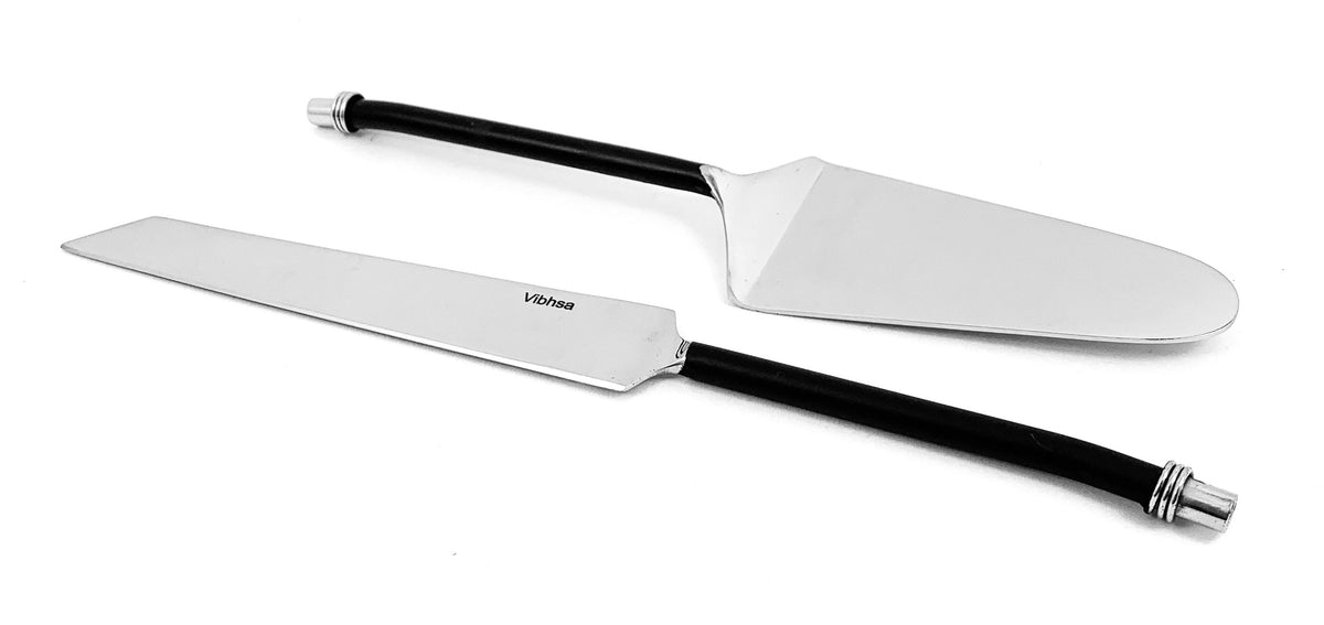 Vibhsa cake knife and server set with black twisted handles, stainless steel blades, 2-piece on Tampa Home & Garden Store