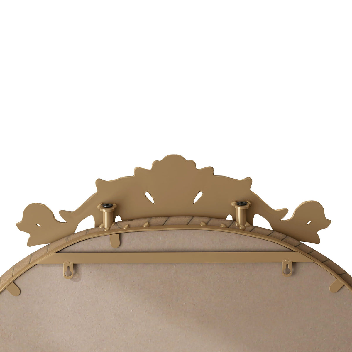 Vintage arched full-body mirror back view with bronze-tone carved applique trim and mounting hardware on Tampa Home & Garden Store