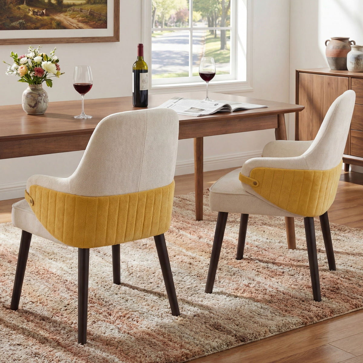 Indoor dining chairs set of 2 beige and yellow upholstery with dark wood legs HouseOfZazla on Tampa Home & Garden Store