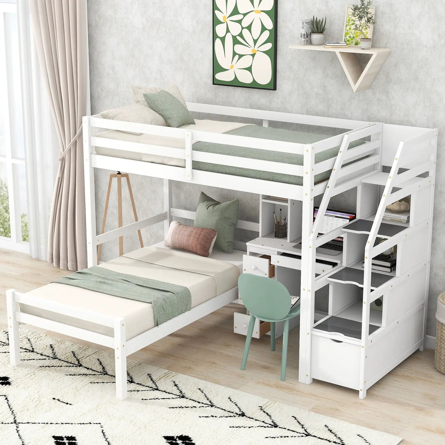 Loft Bed Standalone Bed with Storage Staircase