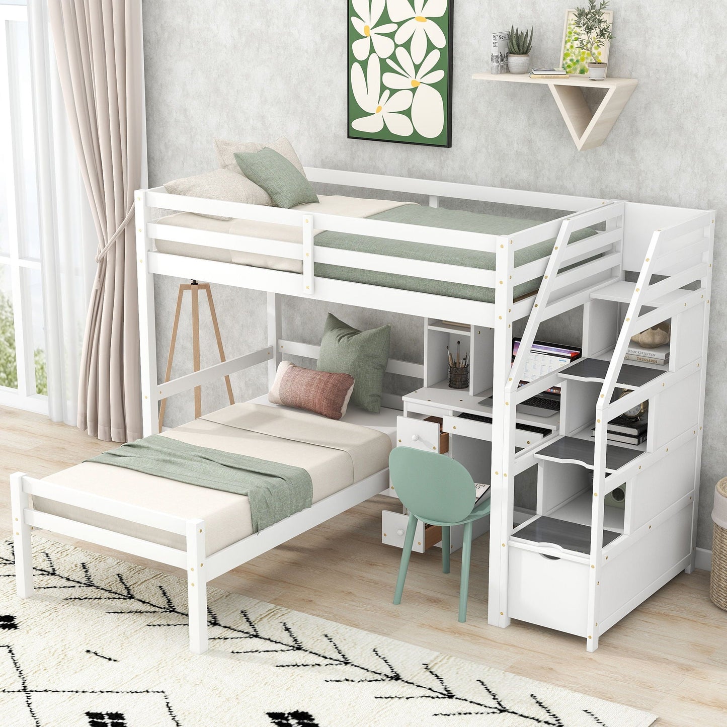 Loft bed with stand-alone lower bed, storage staircase, desk, drawers and shelves in white wood on Tampa Home & Garden Store
