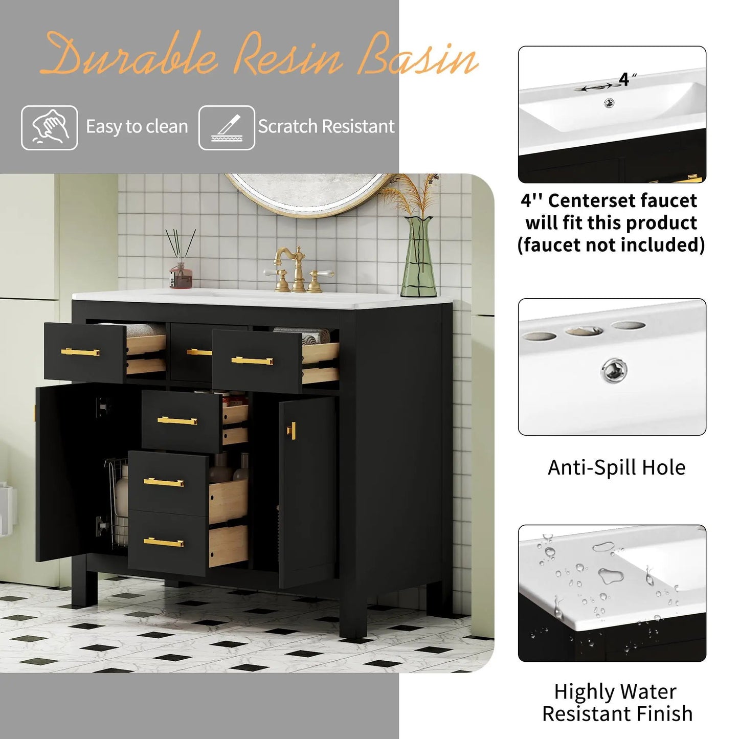 Bathroom vanity with sink, black cabinet, white top, 4 drawers, gold hardware on Tampa Home & Garden Store