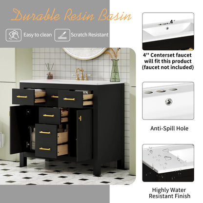 Bathroom vanity with sink, black cabinet, white top, 4 drawers, gold hardware on Tampa Home & Garden Store