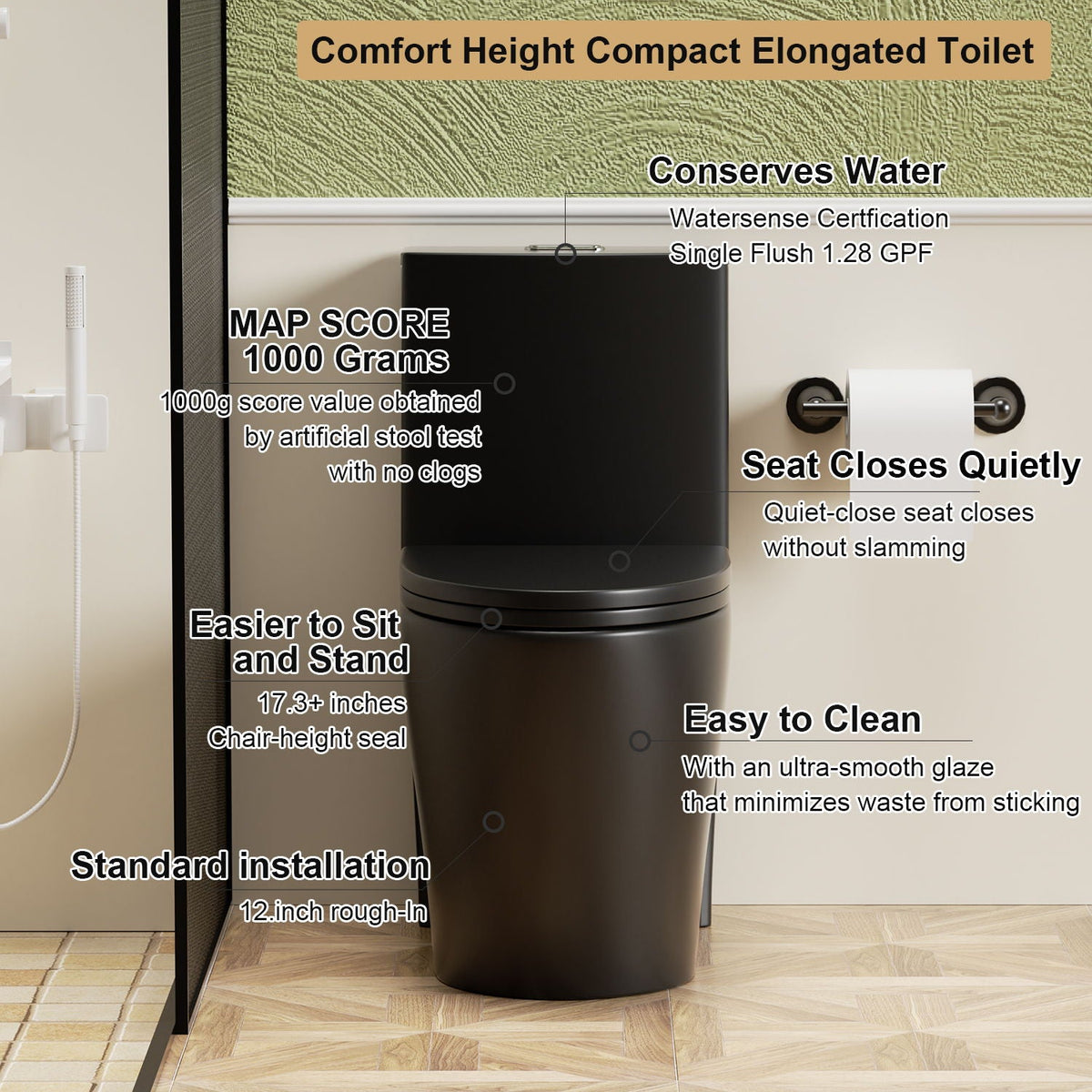1-piece toilet ADA-height chair in black with tornado and dual flush HouseOfZazla on Tampa Home & Garden Store